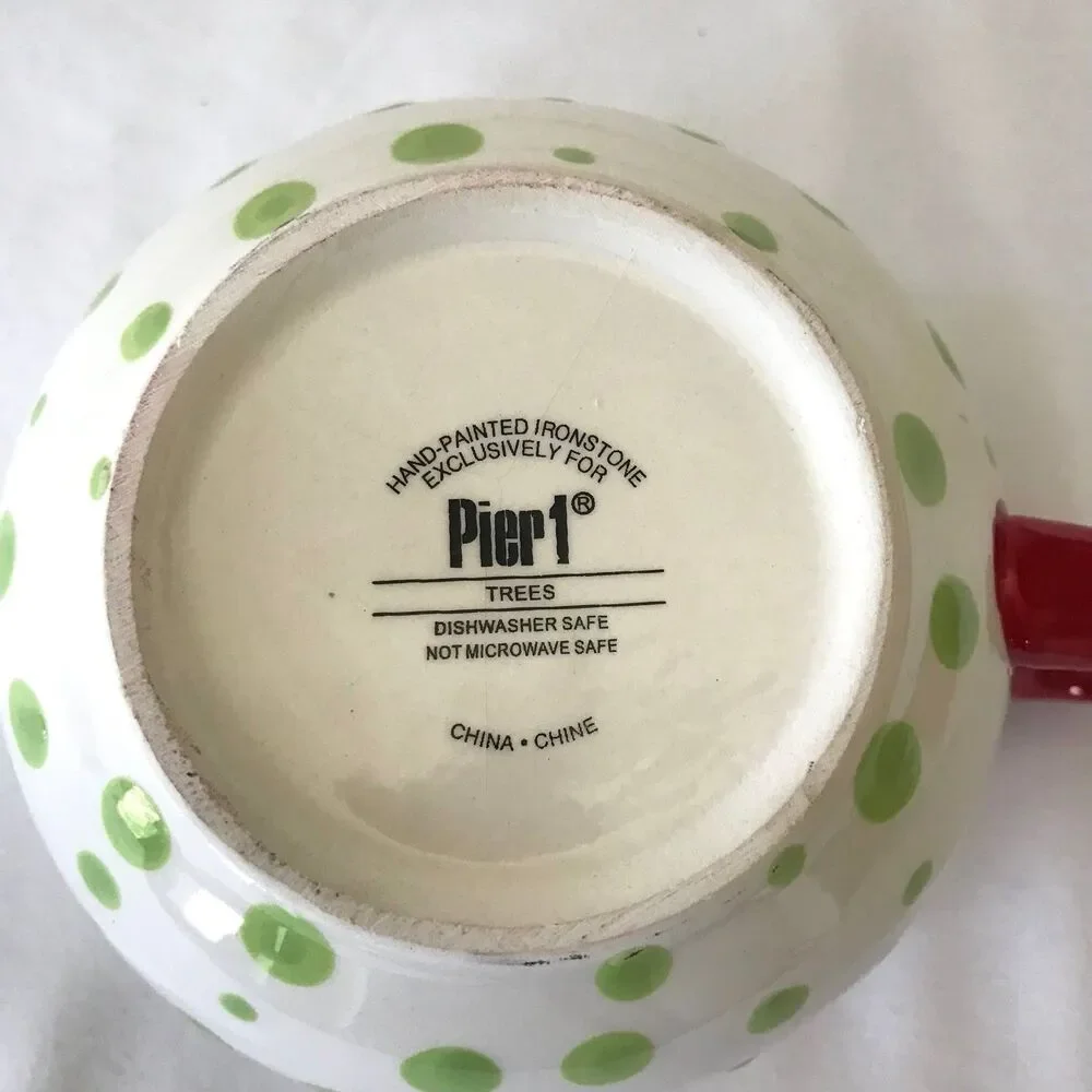 Pier 1 Coffee Mug Cup Trees Dots Xmas Hand painted Ironstone Red Green Rare
